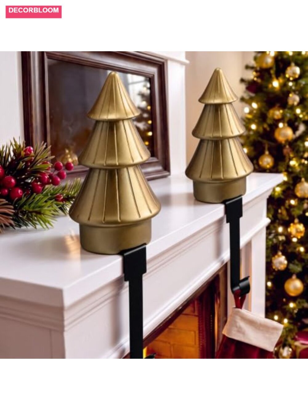 Set of 2 Christmas Tree Stocking Holders with Metal Hooks Weighted Resin Mantel